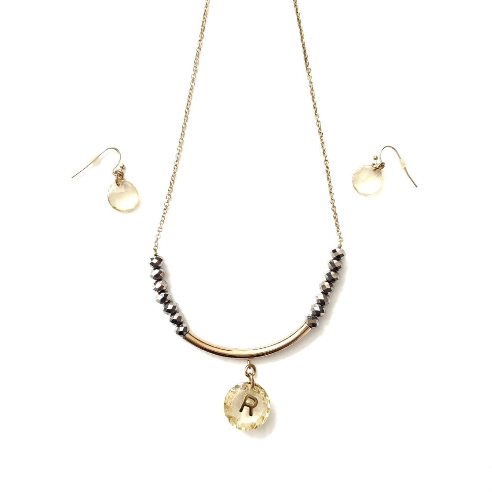 Initial "R" Necklace and Earrings Set